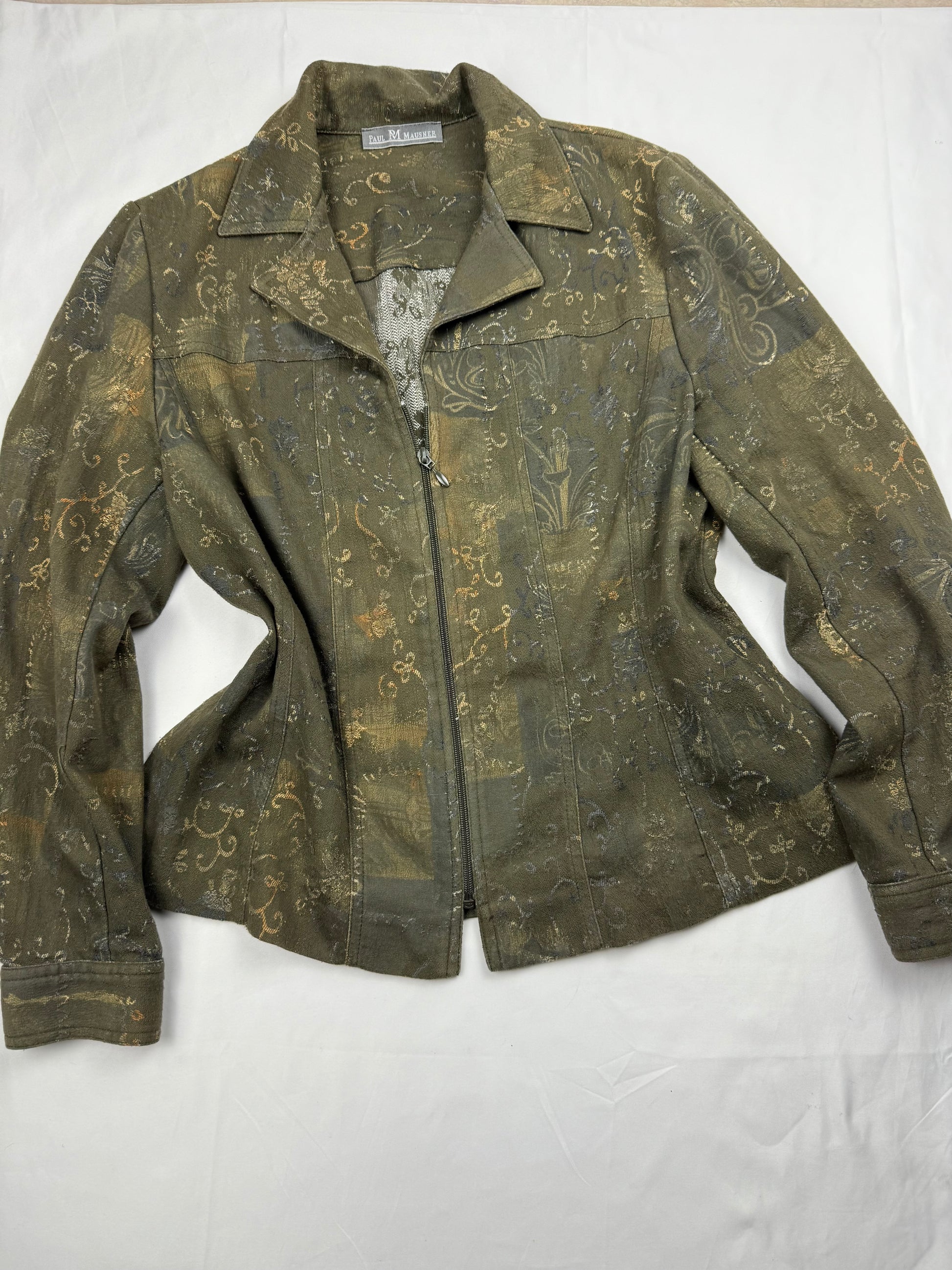 Khaki floral zip up office blazer jacket (M/L)