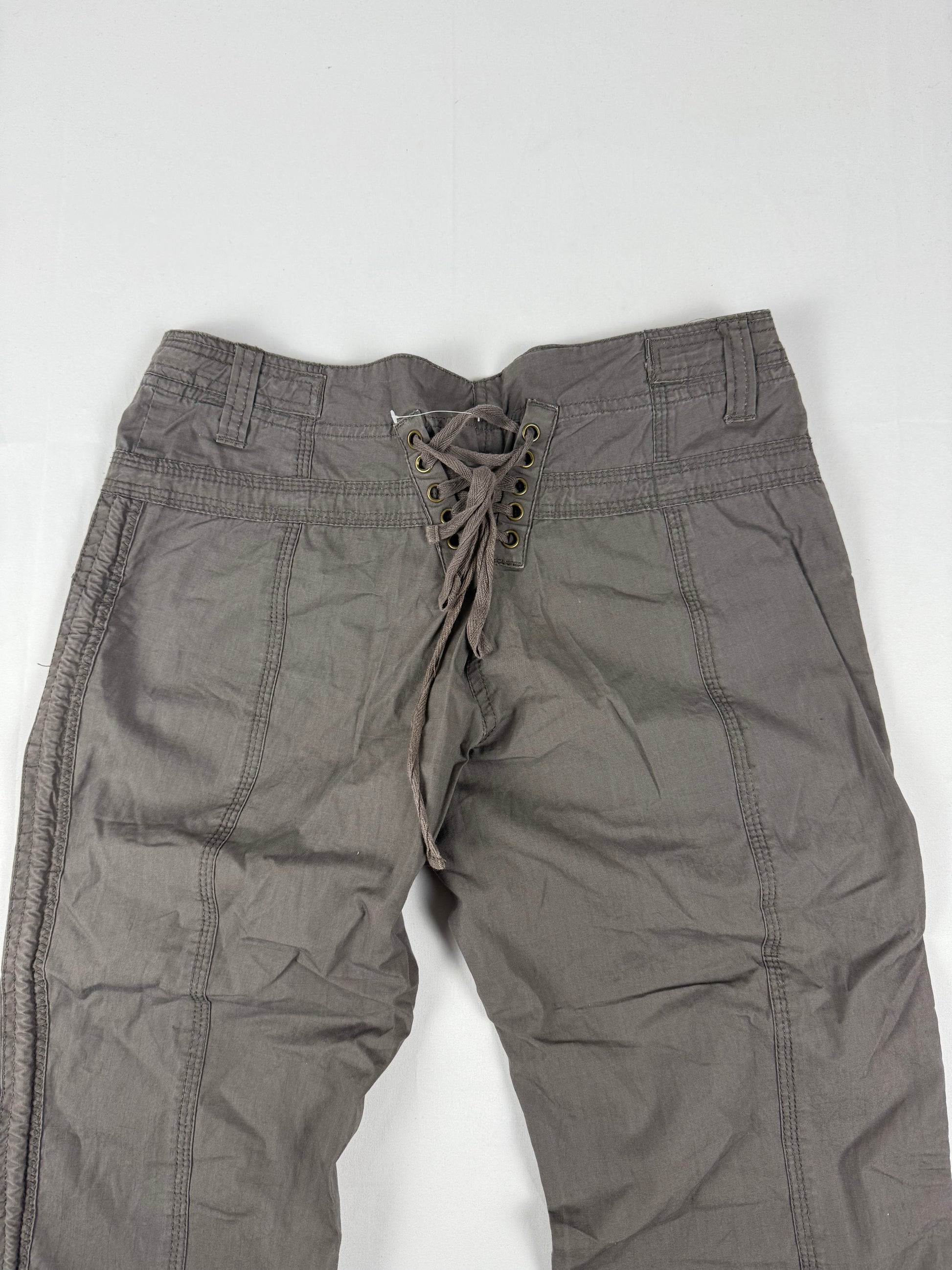 Khaki 100% coton low rise lace up corset capri pants (S)