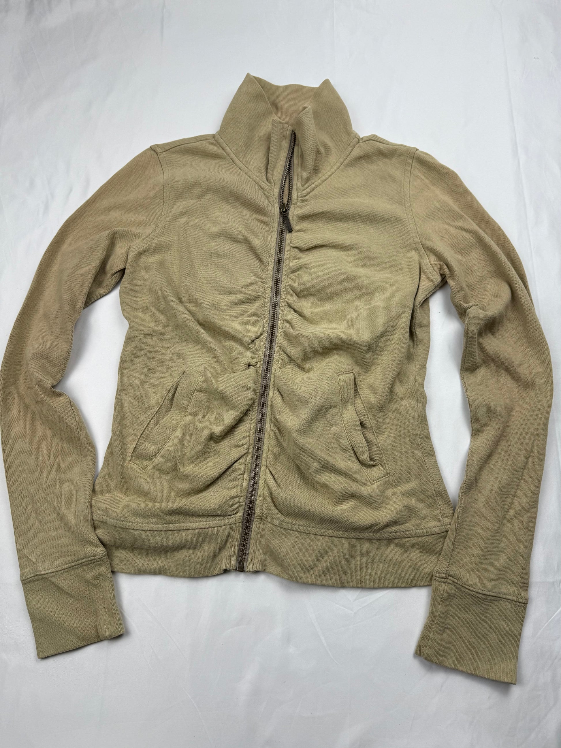 Beige ruched zip up 100% cotton sweatshirt (S)