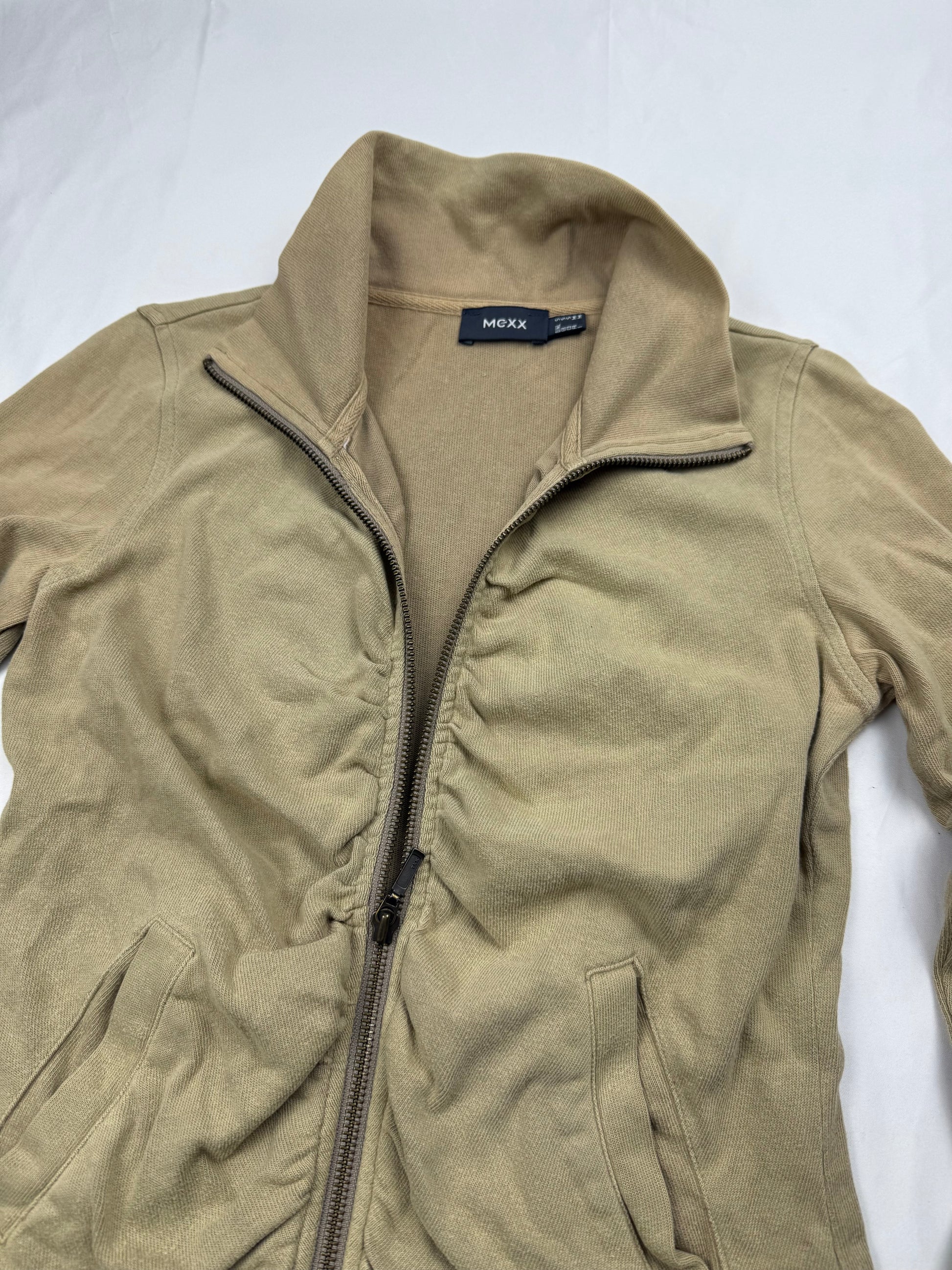 Beige ruched zip up 100% cotton sweatshirt (S)