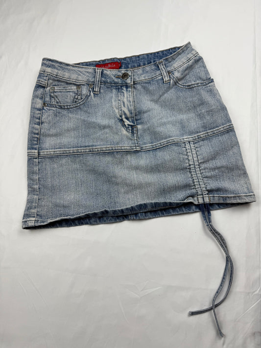 Blue denim low rise ruched mini skirt (S)