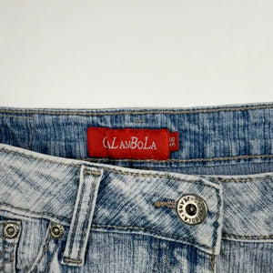 Blue denim low rise ruched mini skirt (S)