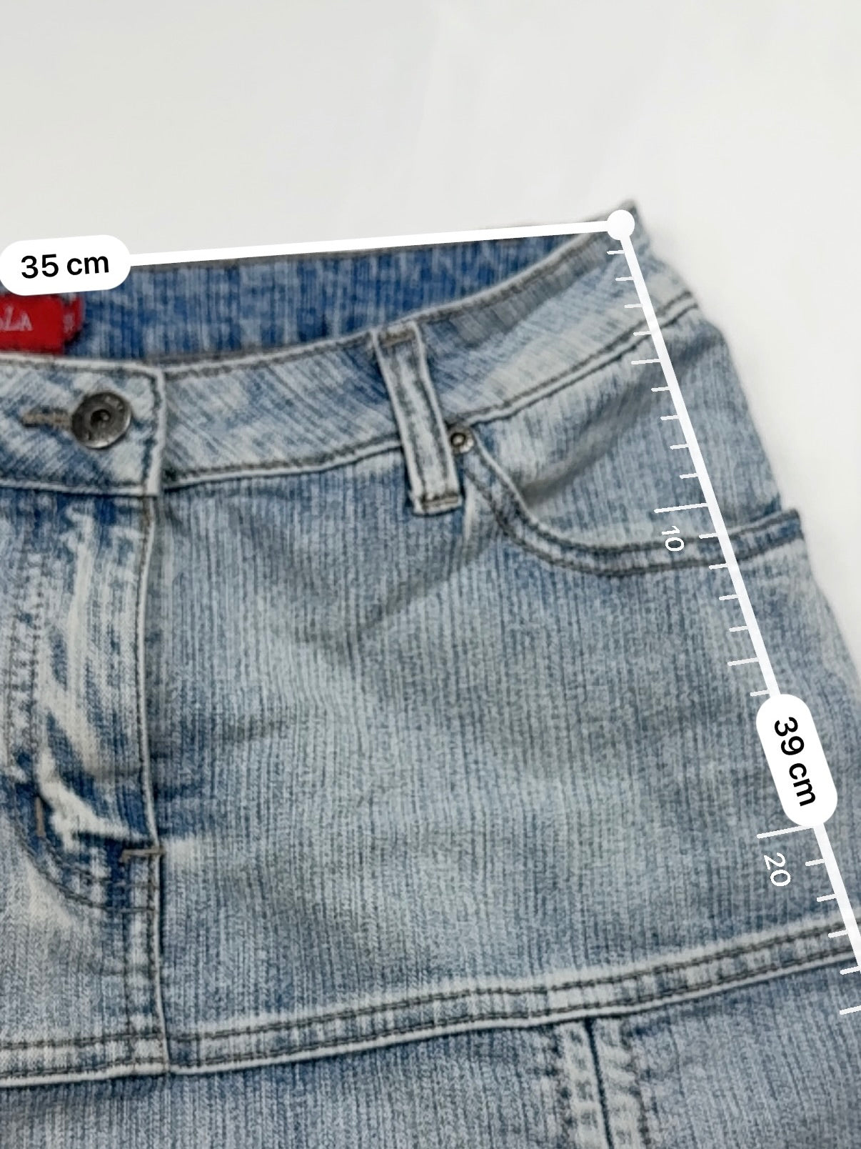 Blue denim low rise ruched mini skirt (S)