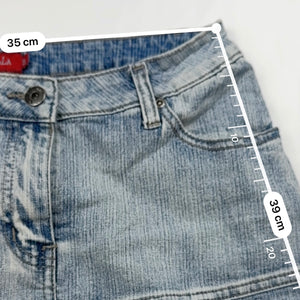 Blue denim low rise ruched mini skirt (S)
