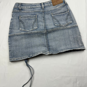 Blue denim low rise ruched mini skirt (S)