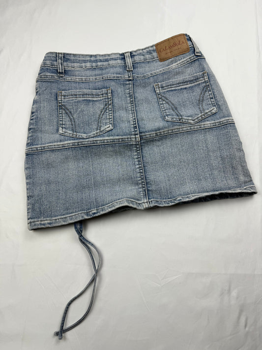 Blue denim low rise ruched mini skirt (S)