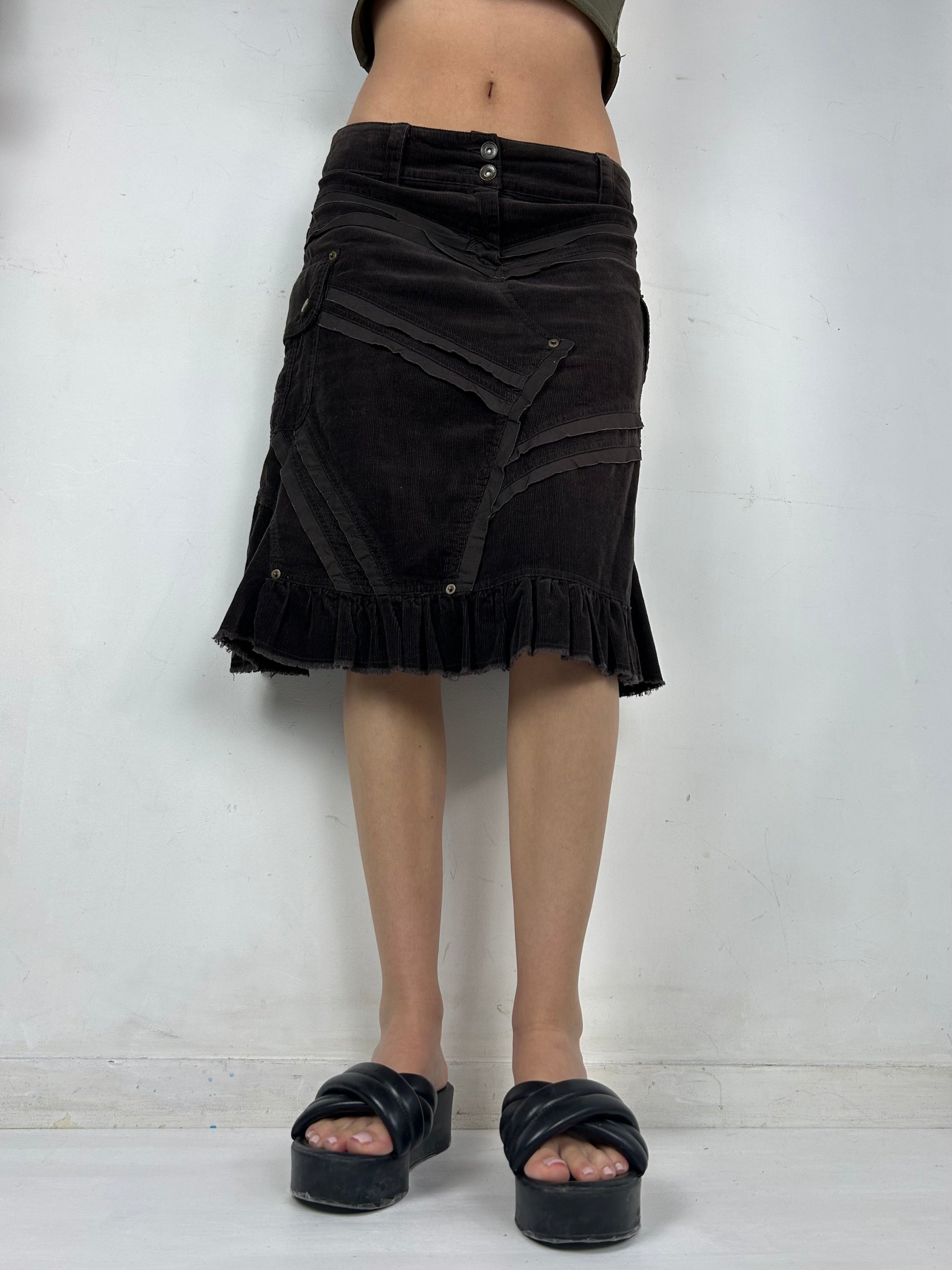 Brown low rise ribbed denim pleated skirt (L)