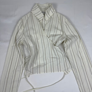 White striped wrap tie up cardigan long sleeves shirt (S to XL)