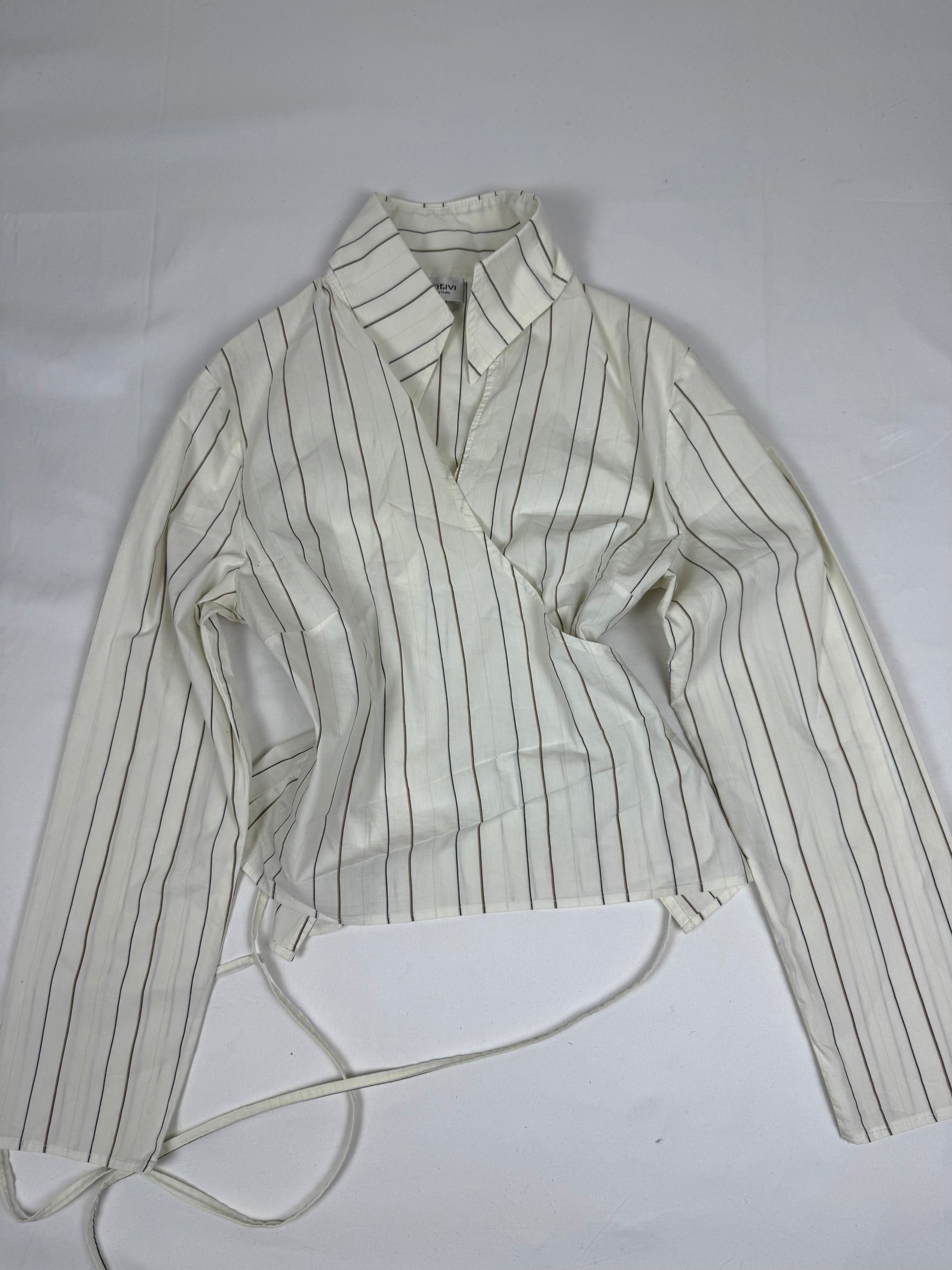 White striped wrap tie up cardigan long sleeves shirt (S to XL)
