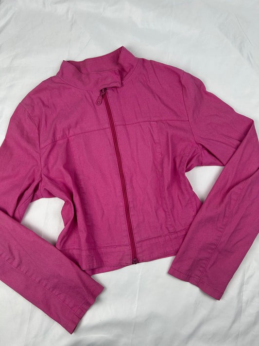 Pink denim zip up biker jacket (M)