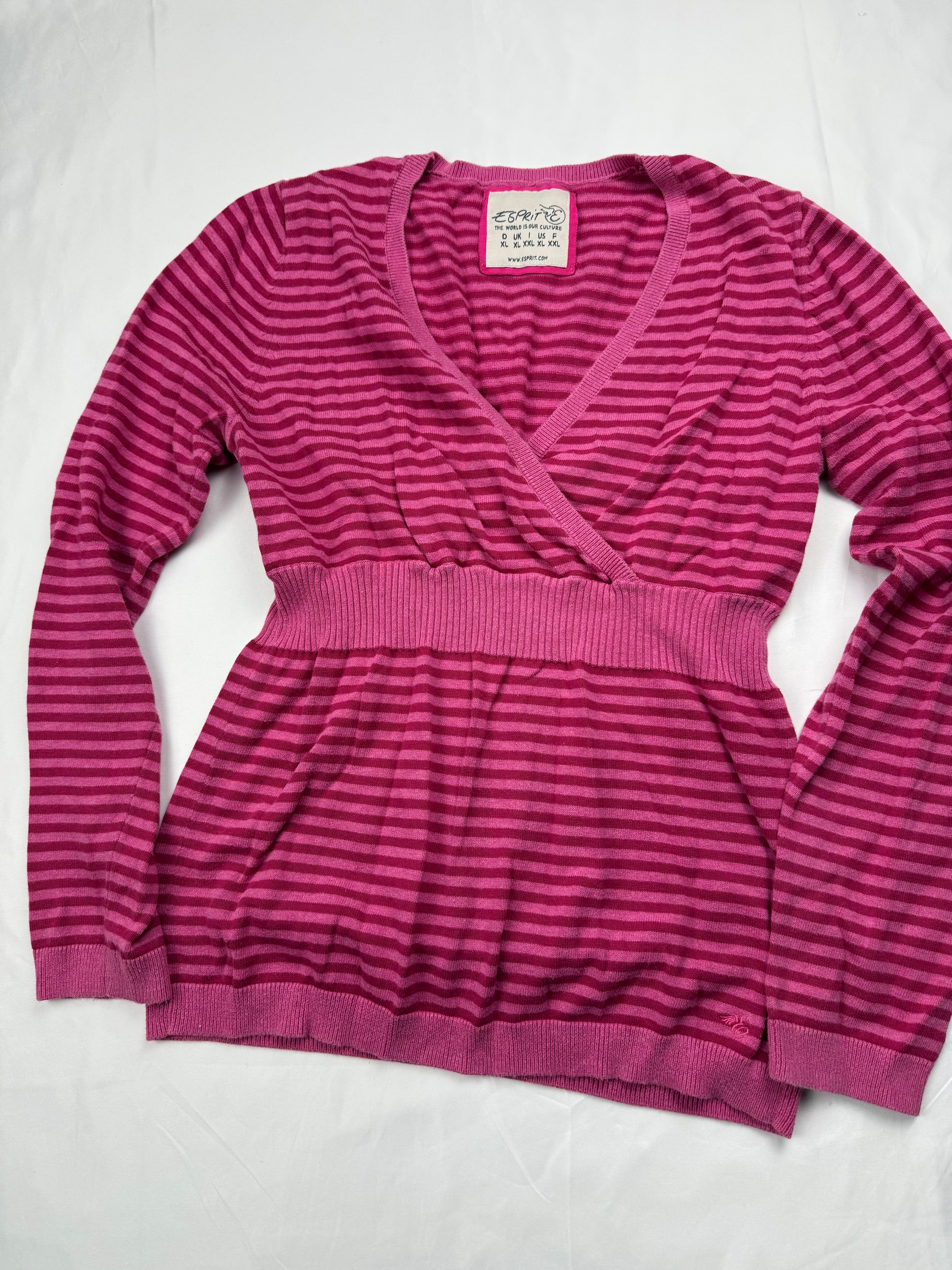 Pink striped cotton V neck jumper (XL)