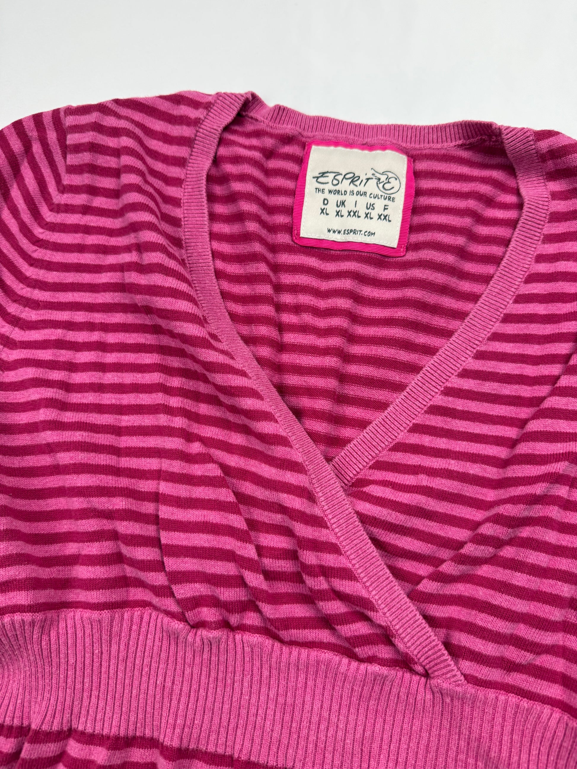 Pink striped cotton V neck jumper (XL)