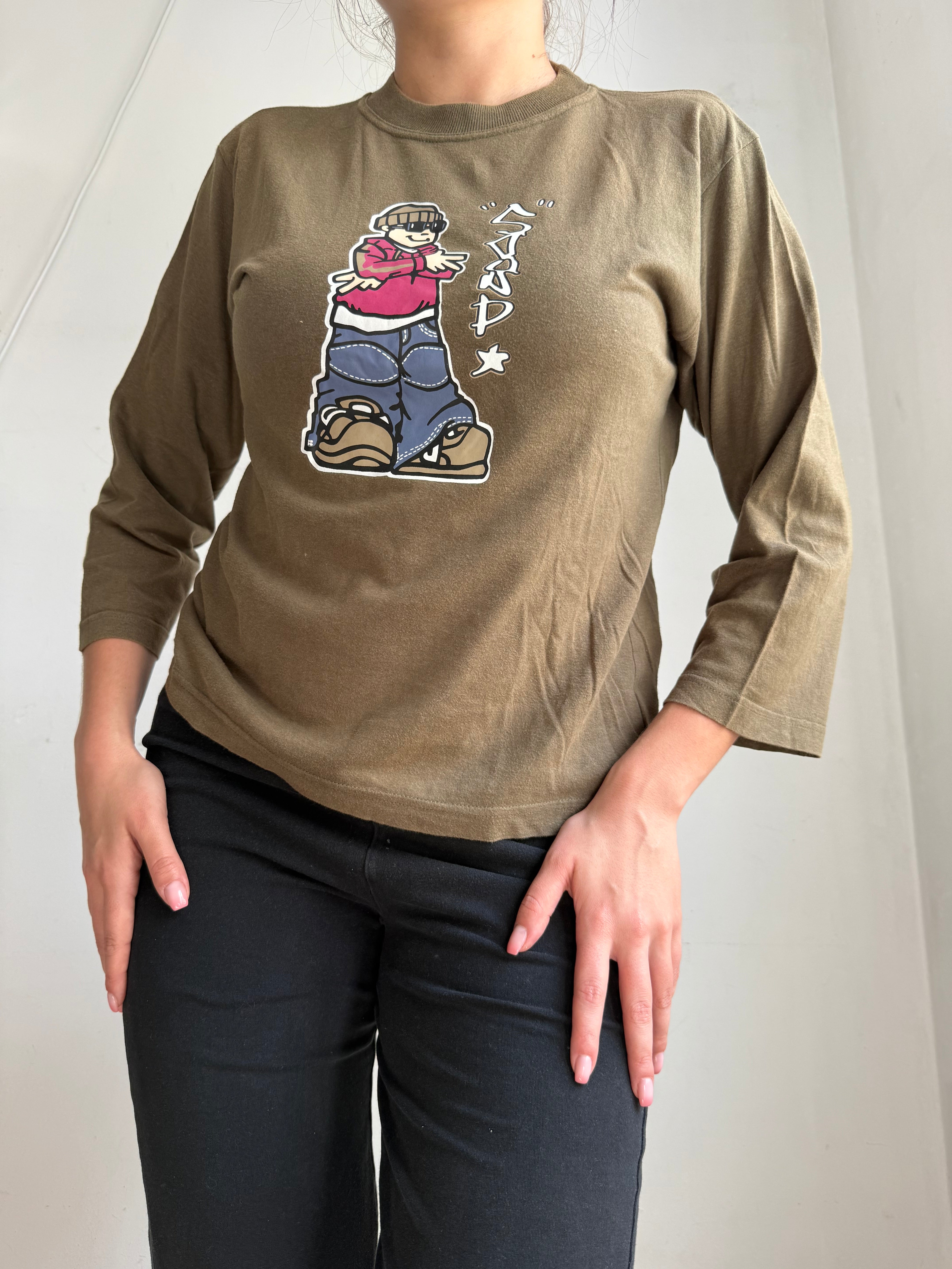 Khaki graphic cotton 3/4 sleeves top (XL)