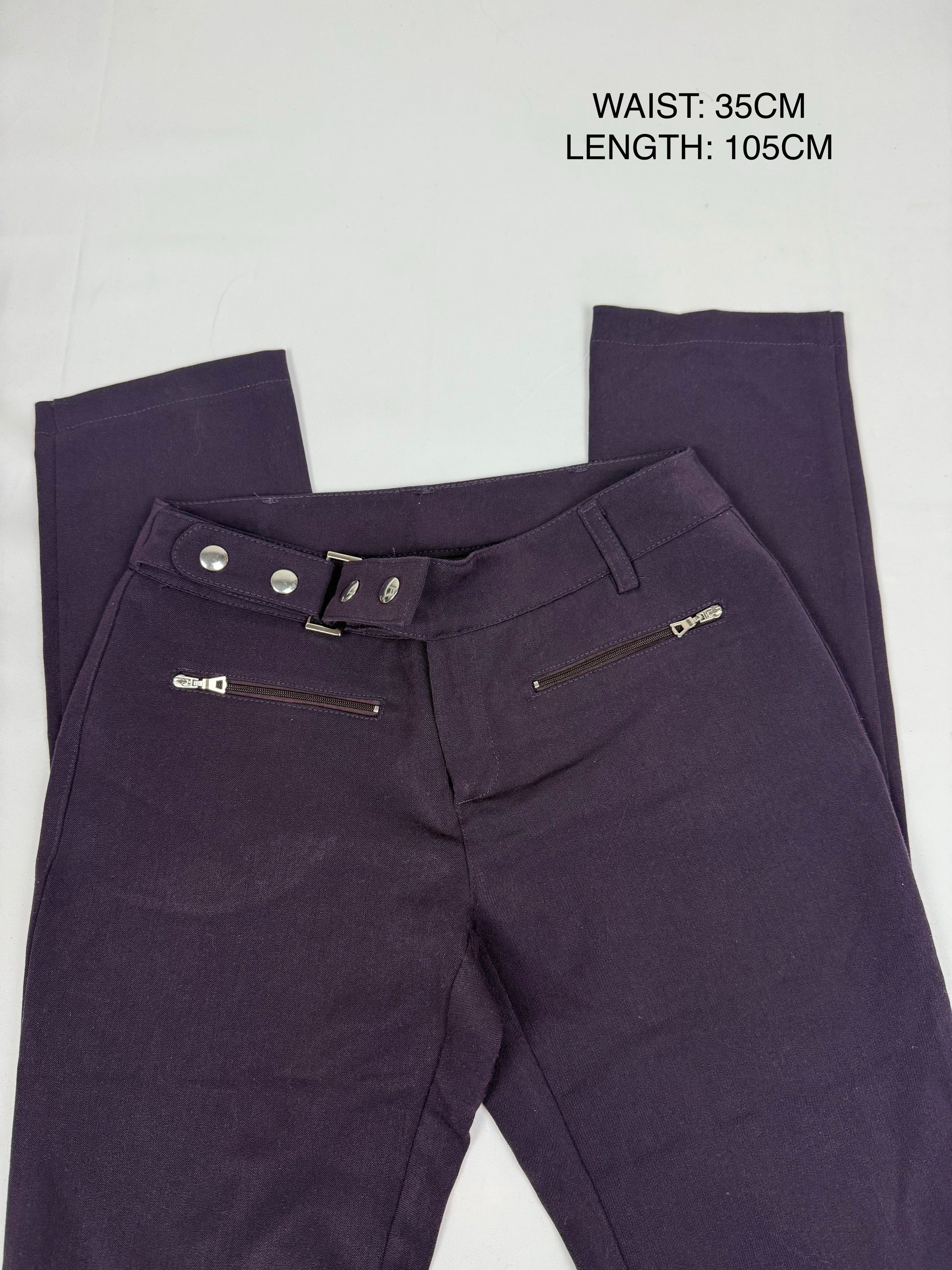 Purple stretchy low mid rise skinny belt pants (XS)