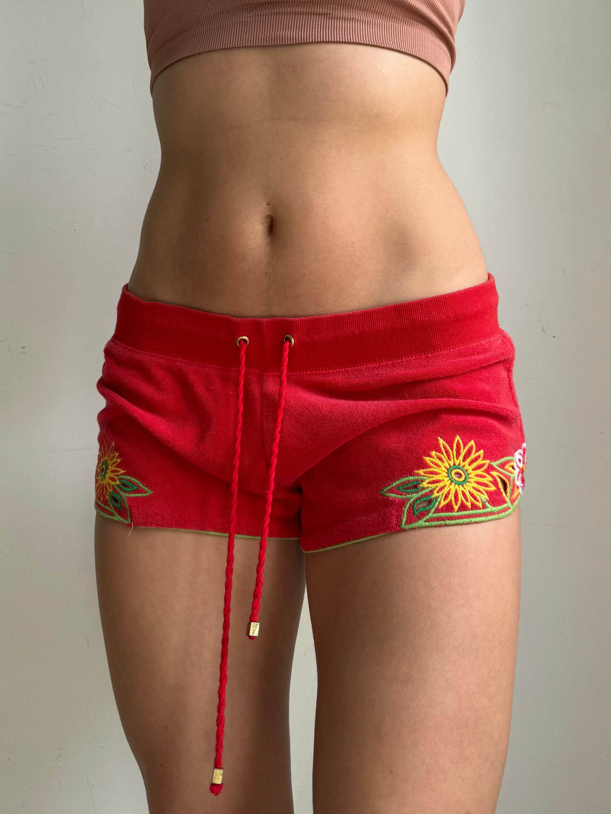 Red velvet embroidered low rise mini short (L)