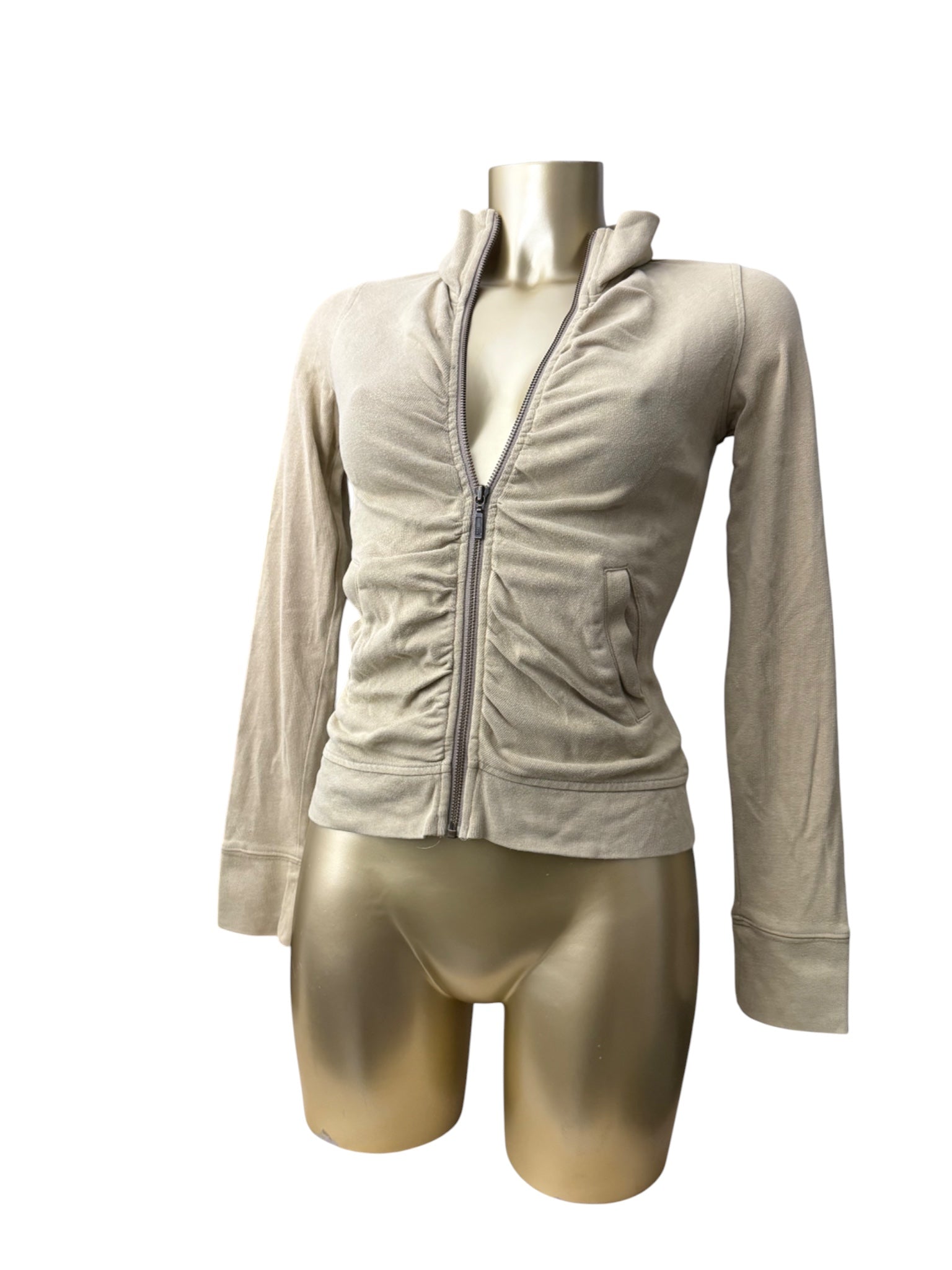 Beige ruched zip up 100% cotton sweatshirt (S)