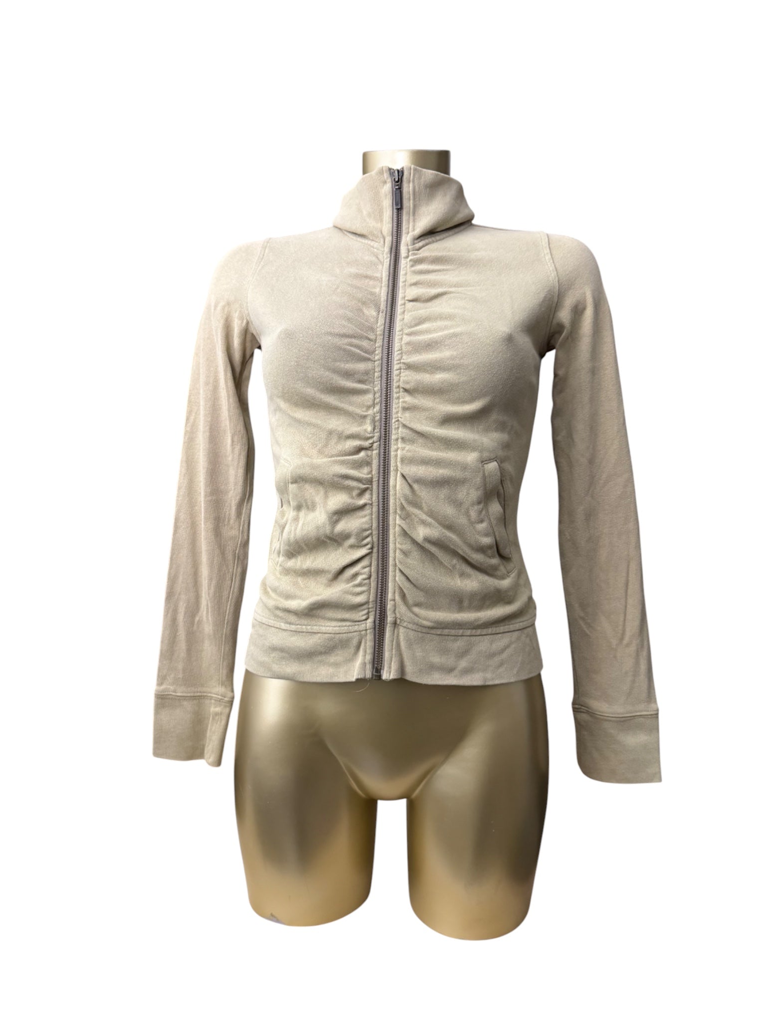 Beige ruched zip up 100% cotton sweatshirt (S)