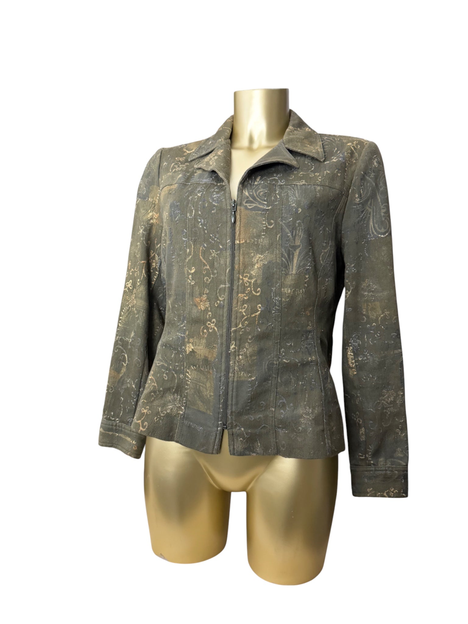 Khaki floral zip up office blazer jacket (M/L)