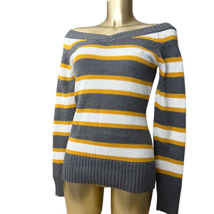 Striped yellow & grey V bardot neck jumper (M)