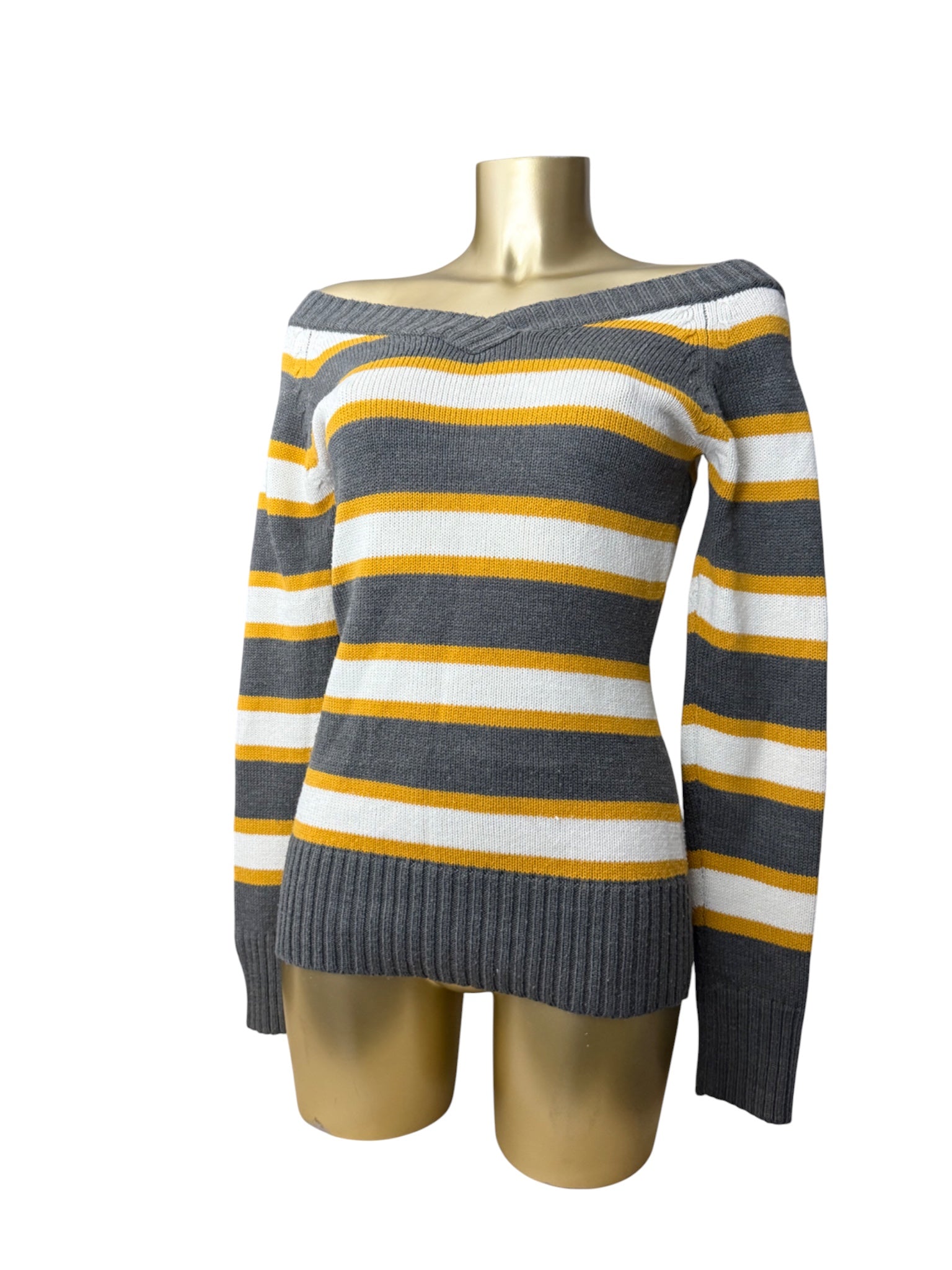 Striped yellow & grey V bardot neck jumper (M)