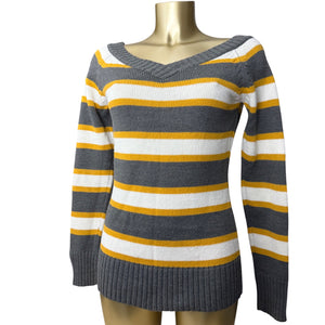 Striped yellow & grey V bardot neck jumper (M)