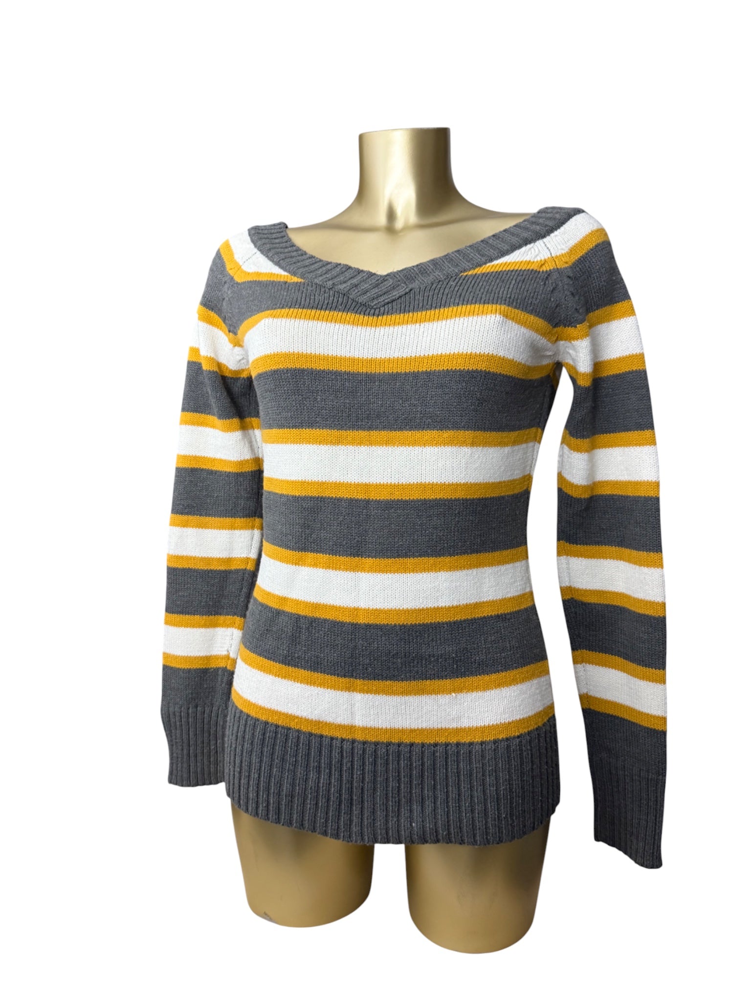 Striped yellow & grey V bardot neck jumper (M)