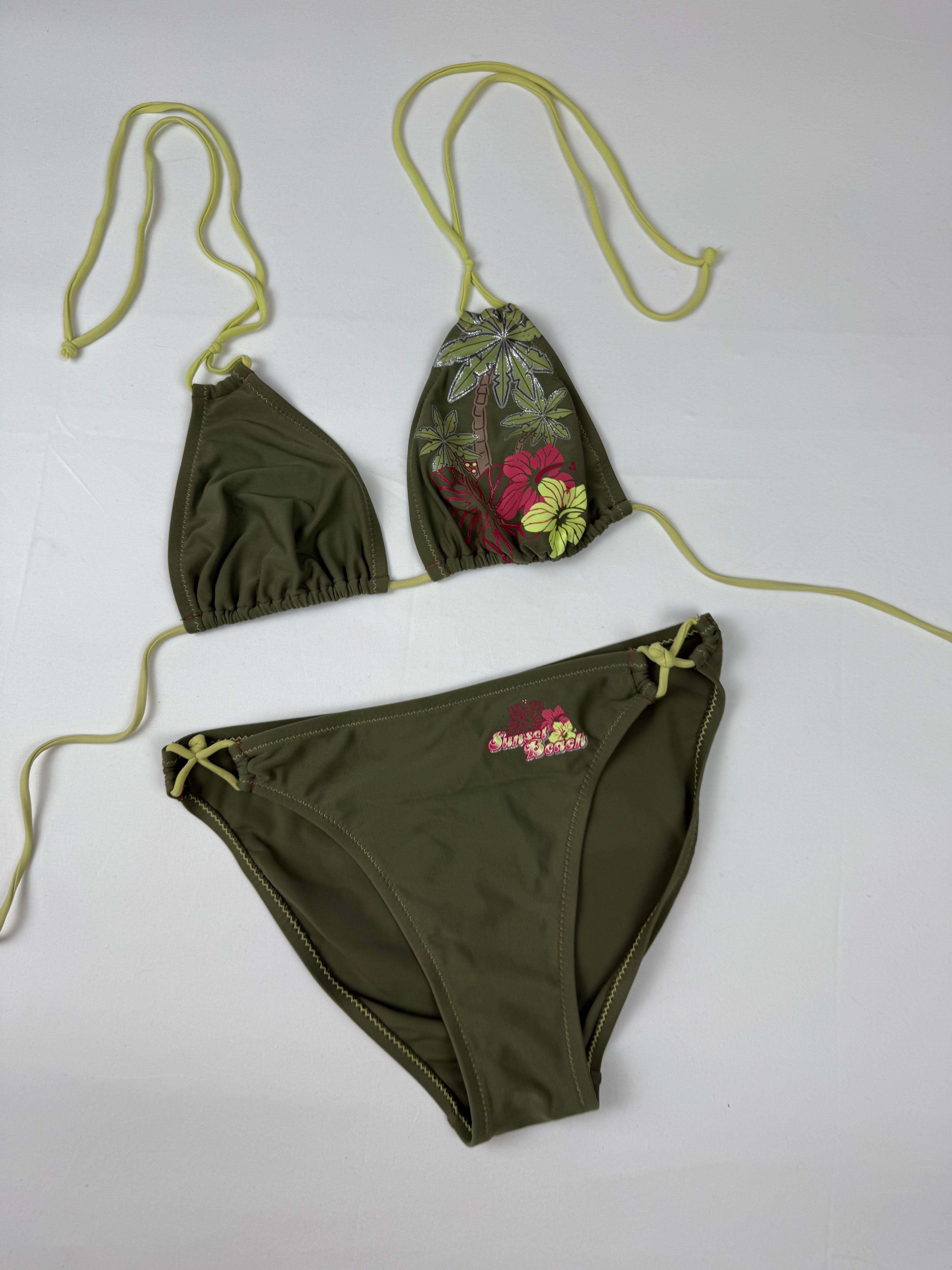 Khaki graphic low rise bikini set (M)