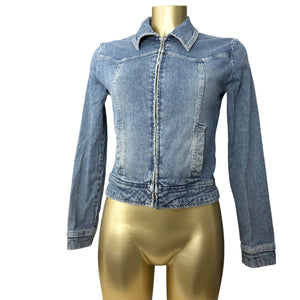 Blue denim zip up biker jacket (S)