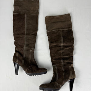 Khaki suede leather heels knee high boots (39)
