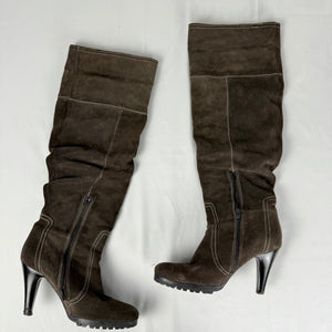Khaki suede leather heels knee high boots (39)