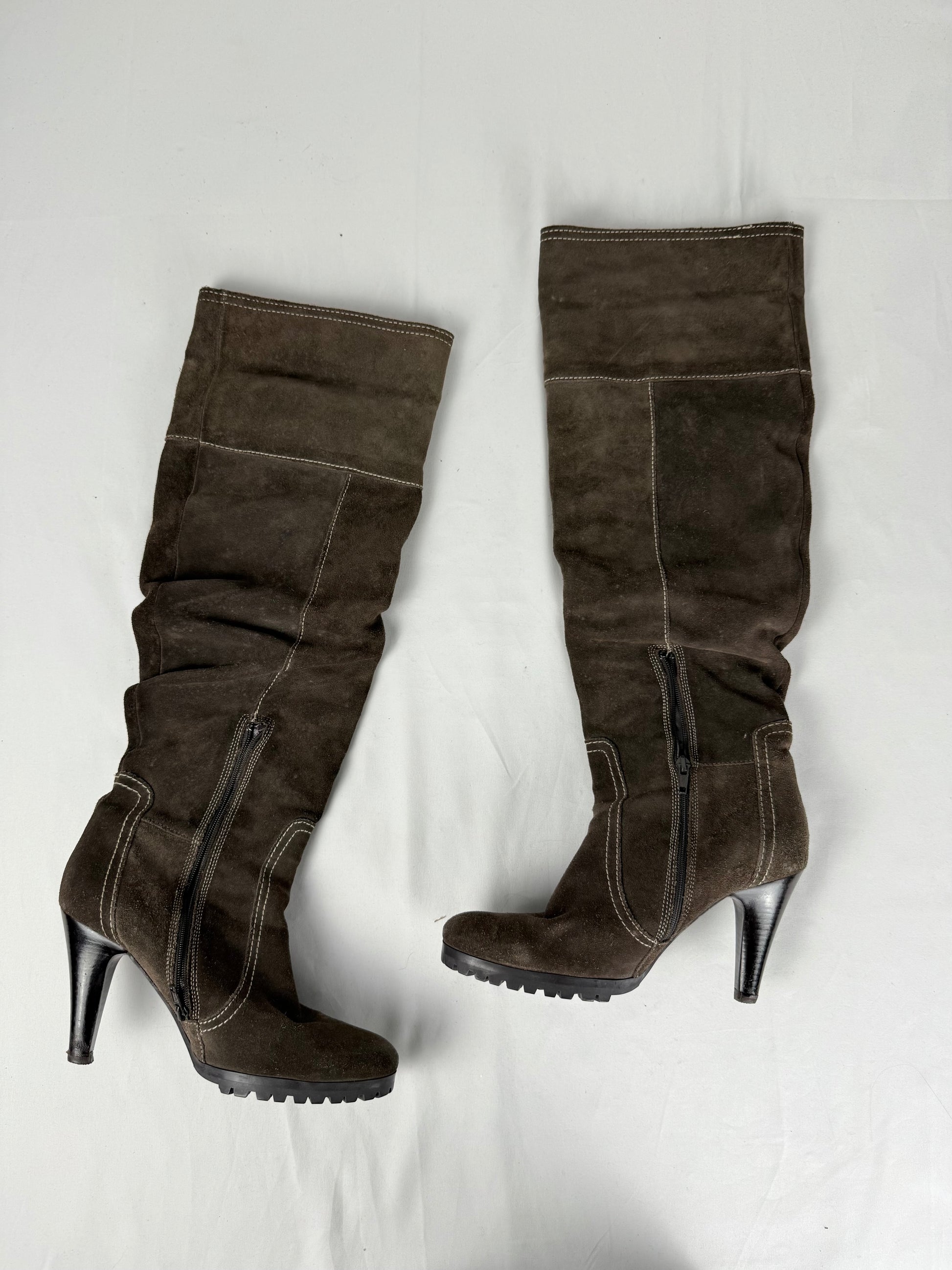 Khaki suede leather heels knee high boots (39)