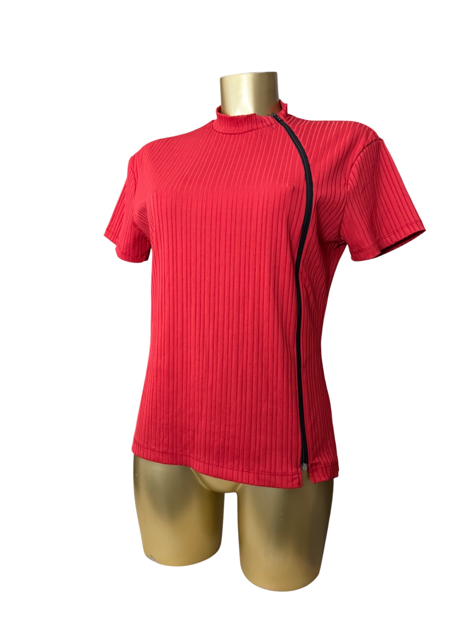 Red ribbed zip up tee (L)