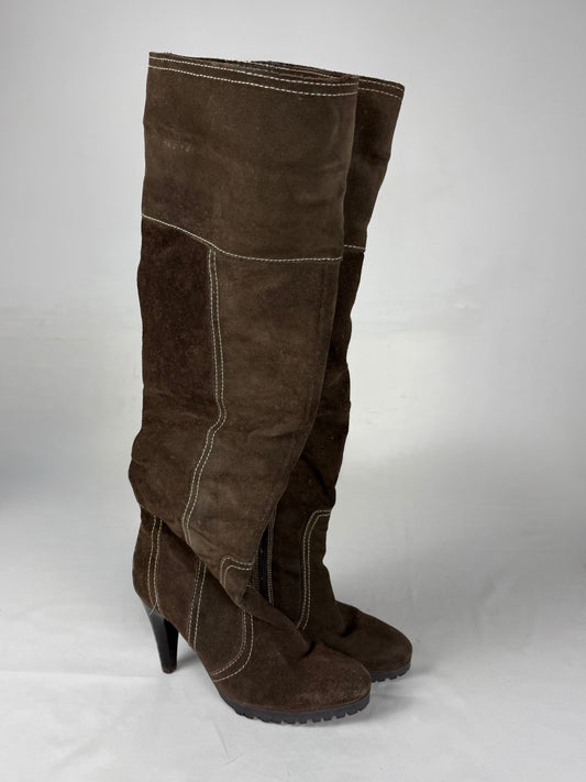 Khaki suede leather heels knee high boots (39)