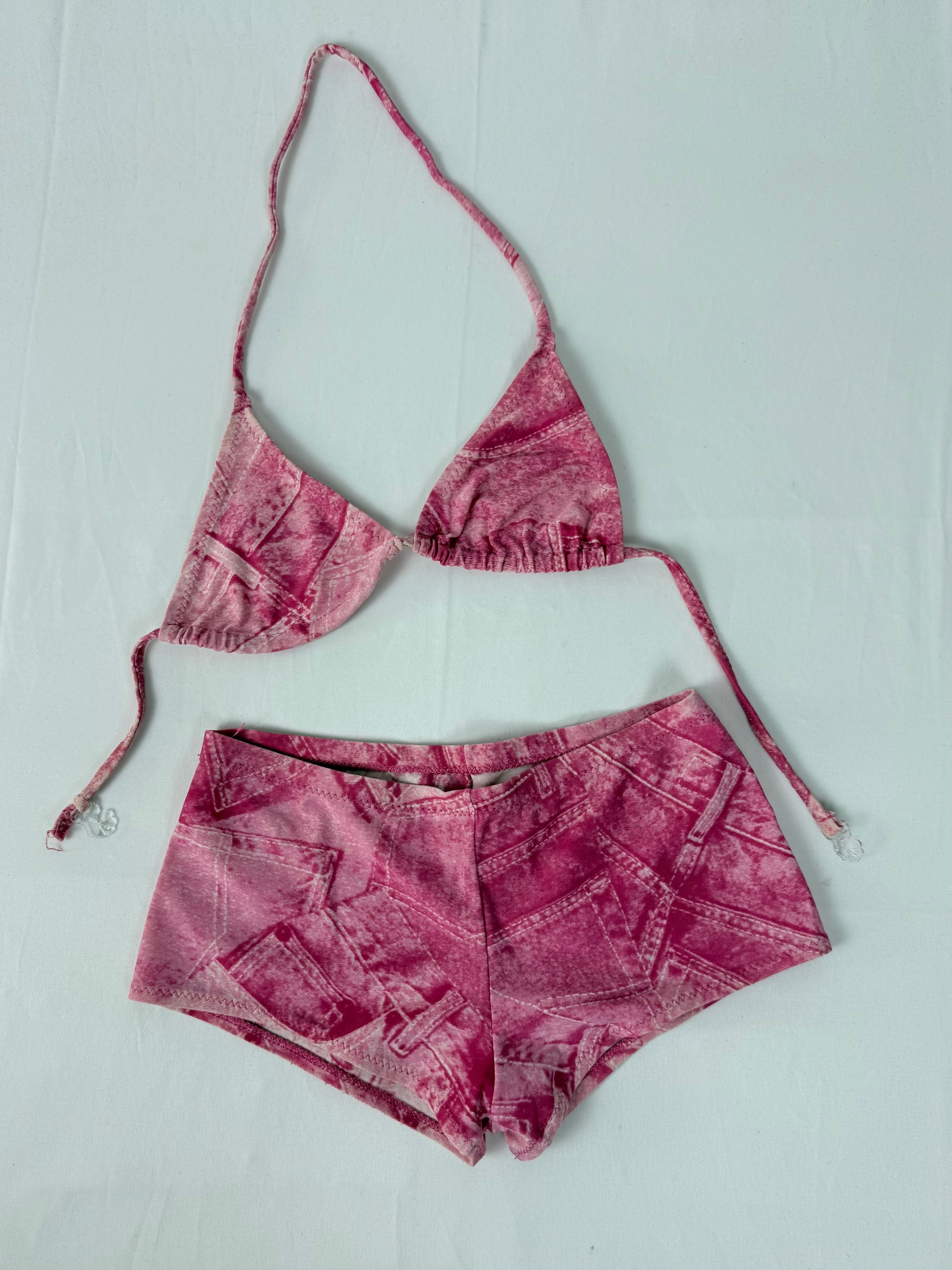 Pink denim print low rise shorty bikini set (XS)