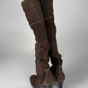 Khaki suede leather heels knee high boots (39)