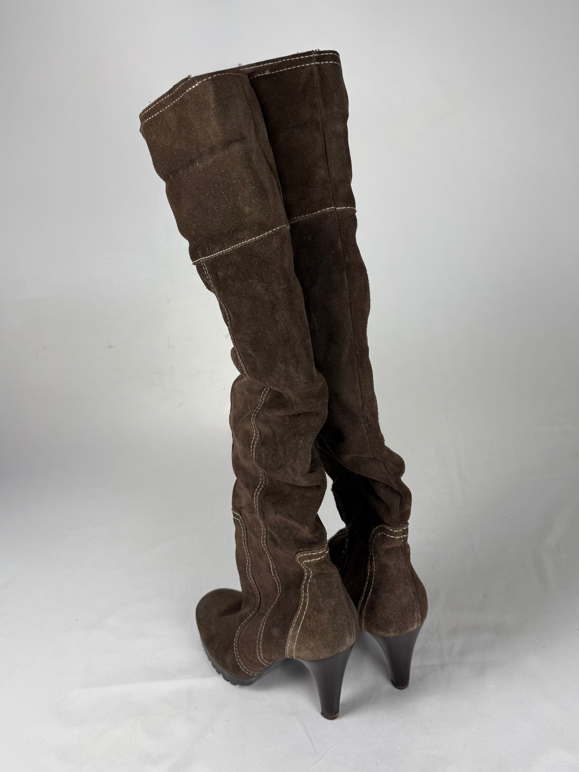 Khaki suede leather heels knee high boots (39)