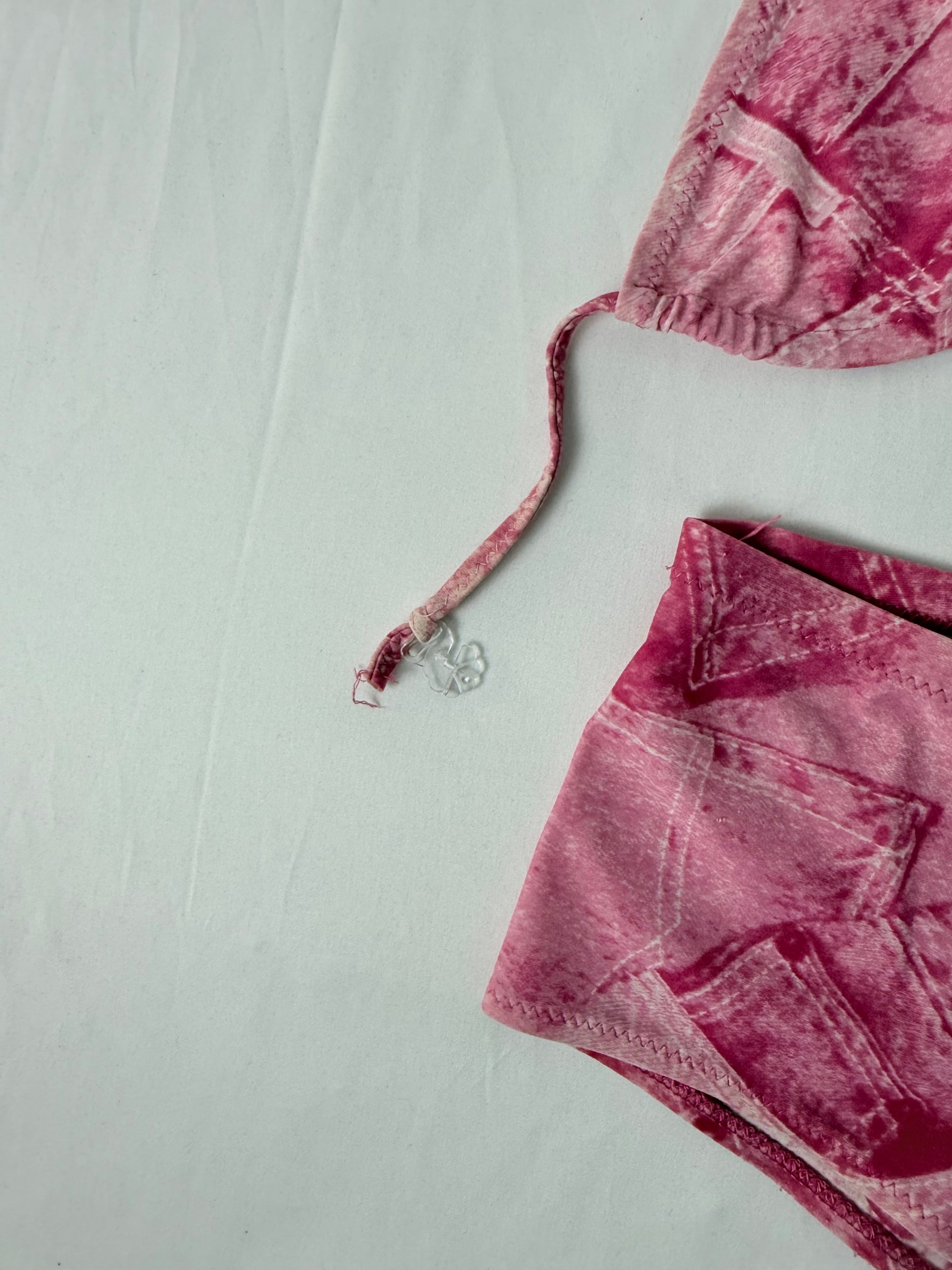 Pink denim print low rise shorty bikini set (XS)
