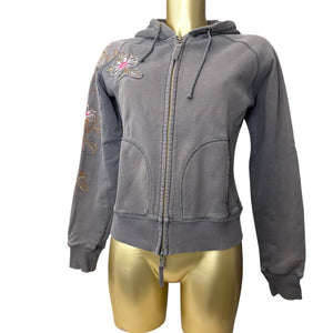 Khaki embroidered floral zip up hoodie (S/M)
