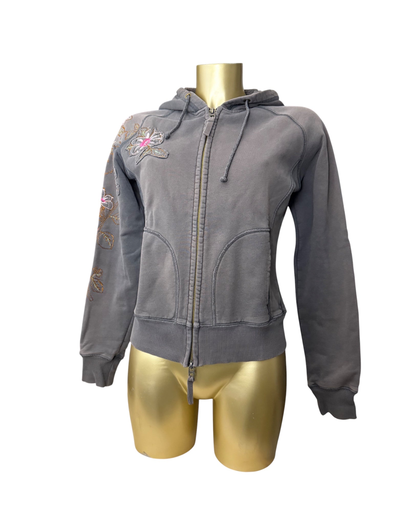 Khaki embroidered floral zip up hoodie (S/M)