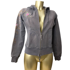 Khaki embroidered floral zip up hoodie (S/M)