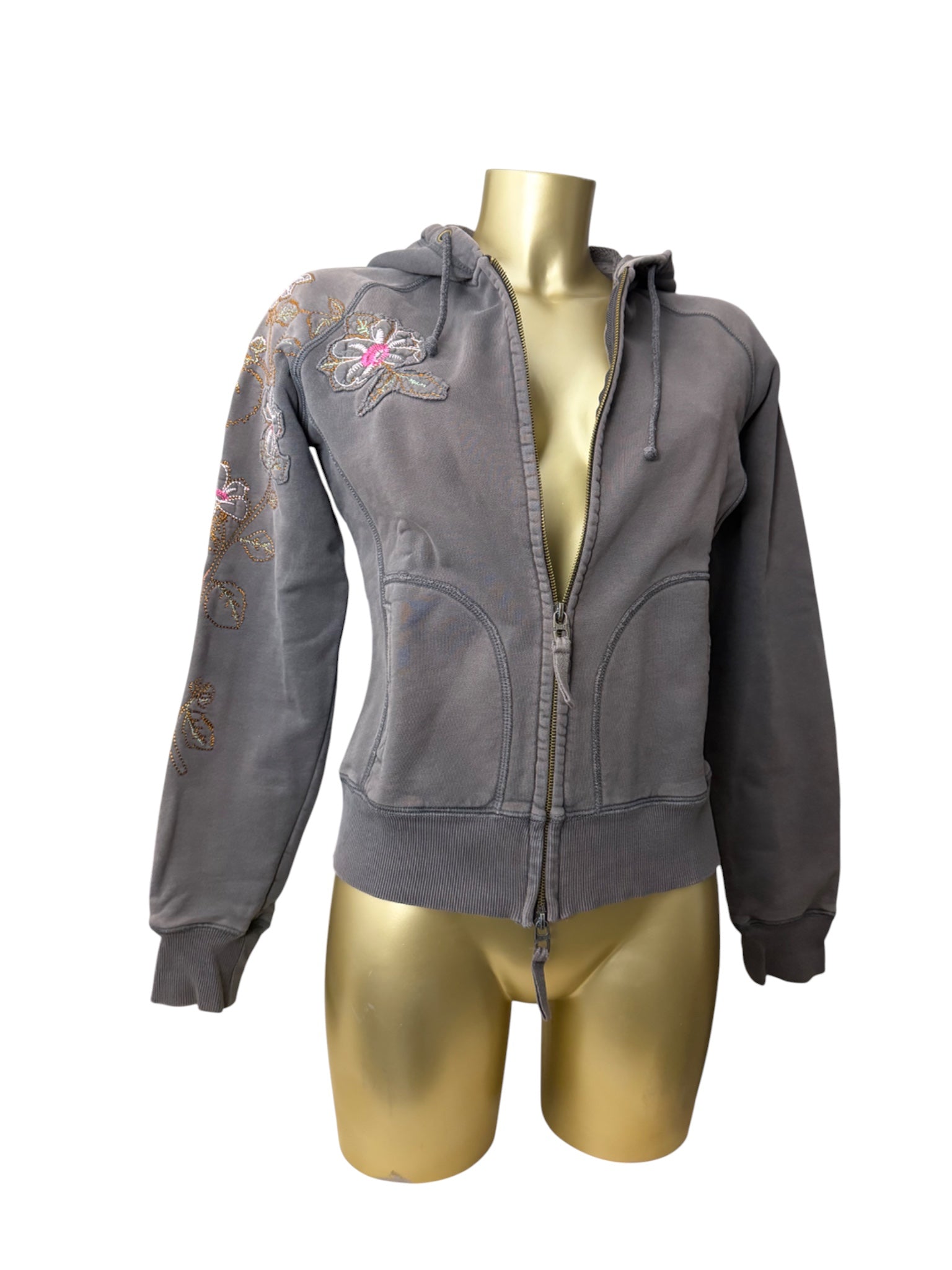 Khaki embroidered floral zip up hoodie (S/M)