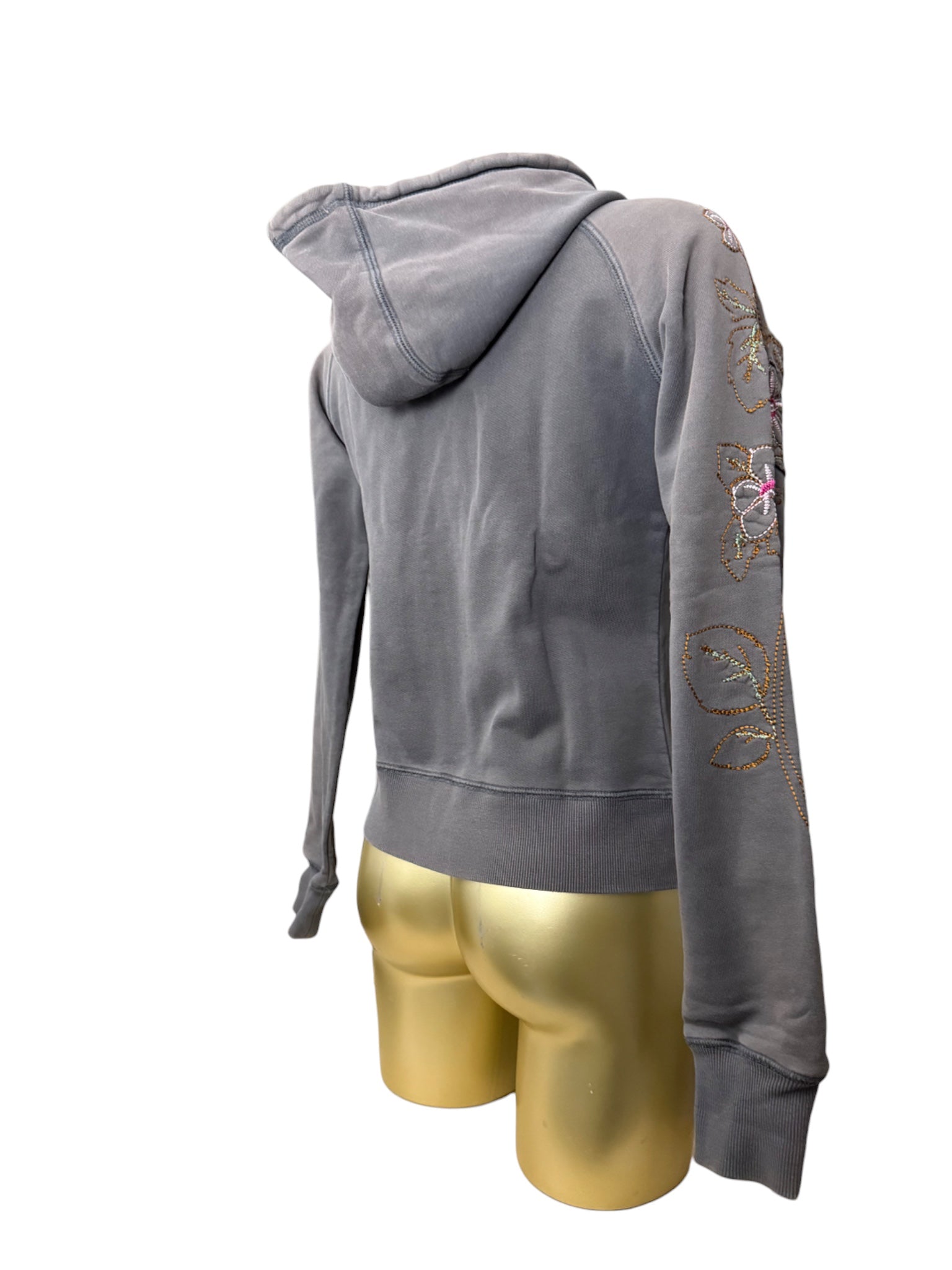 Khaki embroidered floral zip up hoodie (S/M)