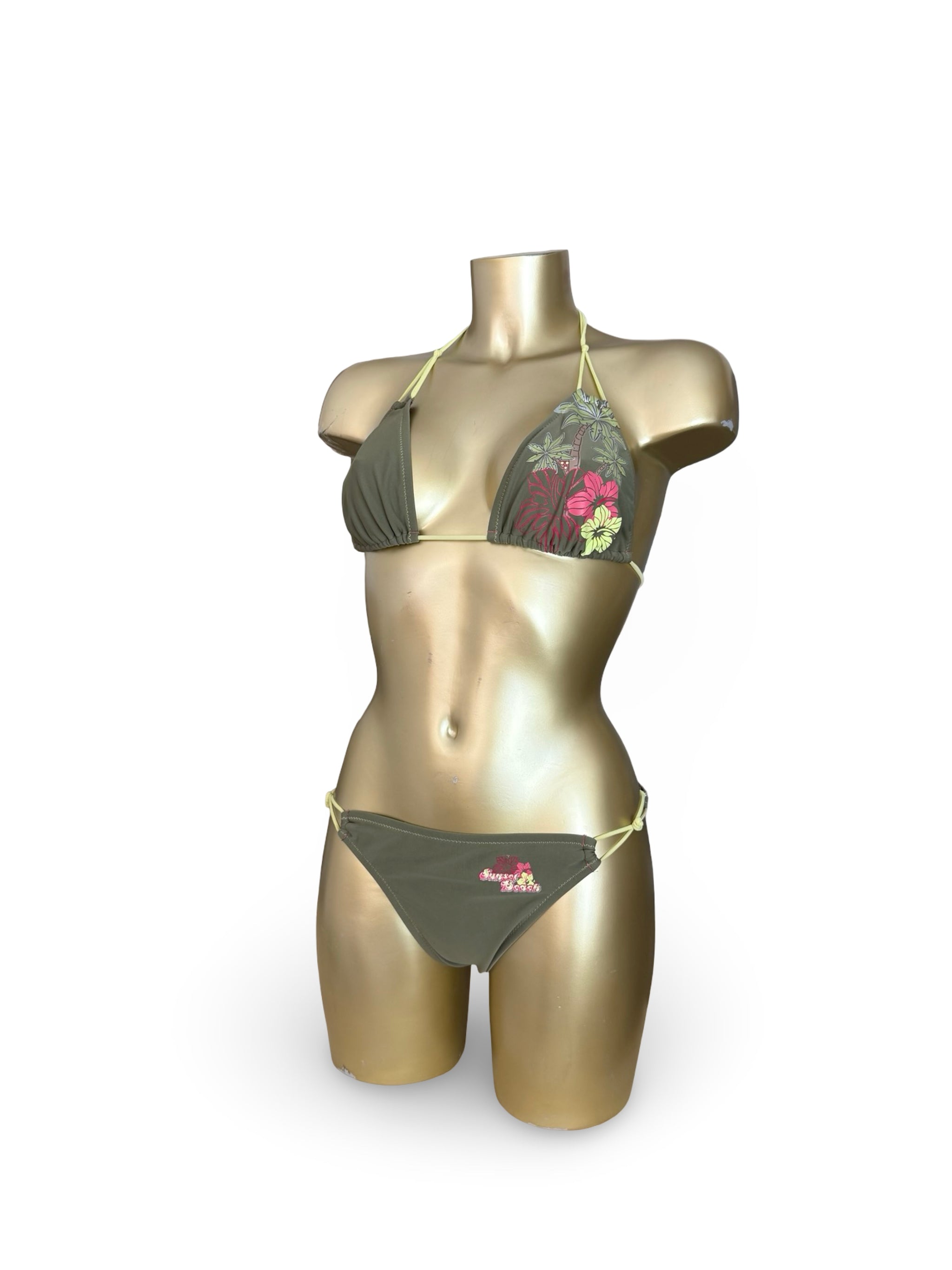 Khaki graphic low rise bikini set (M)