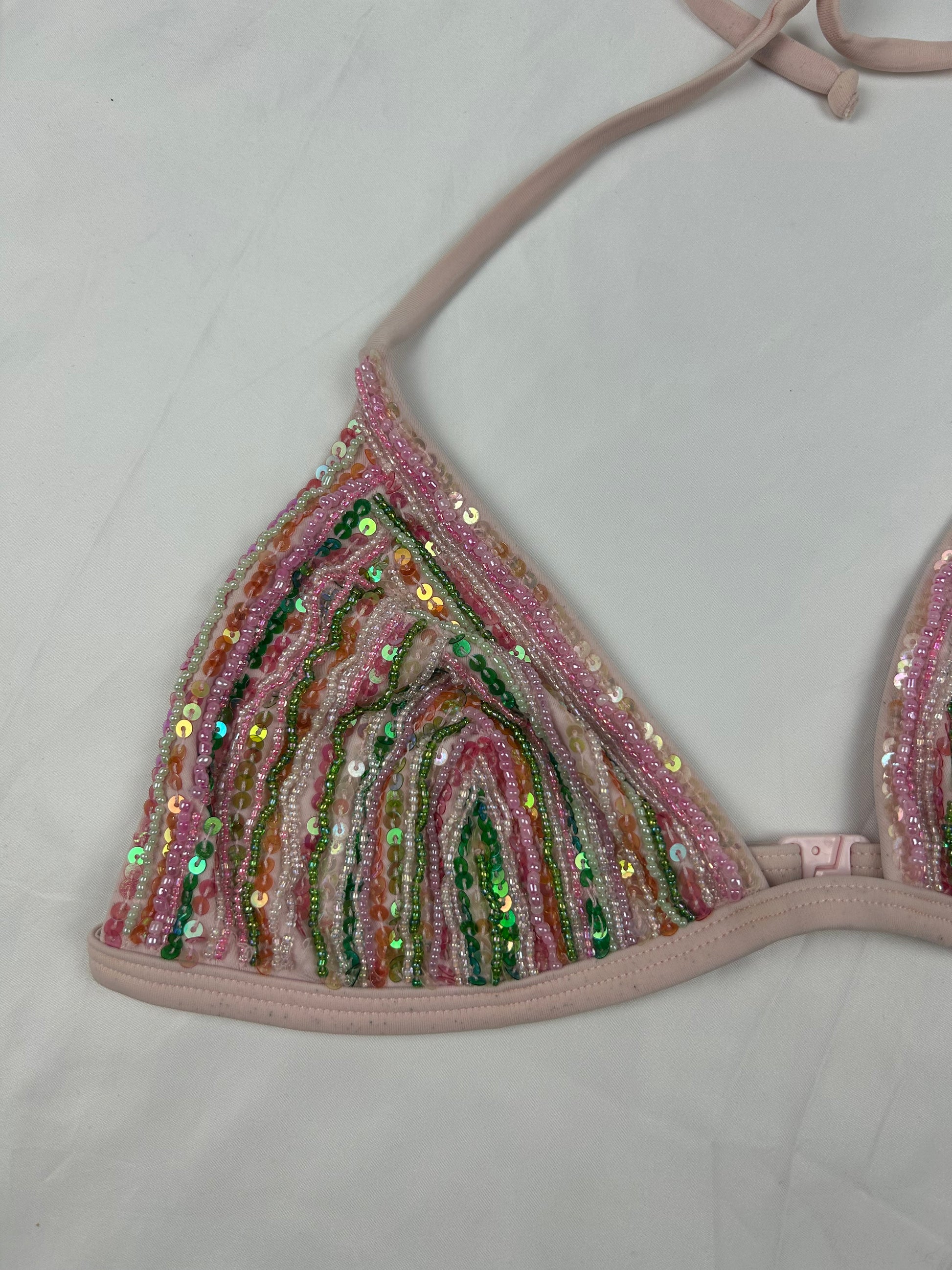 Pink embroidered pearls bikini top (S/M)