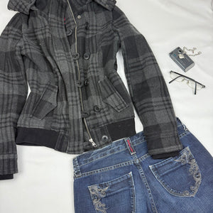 Grey check print inside fur zip up winter hooded biker jacket (S/M)