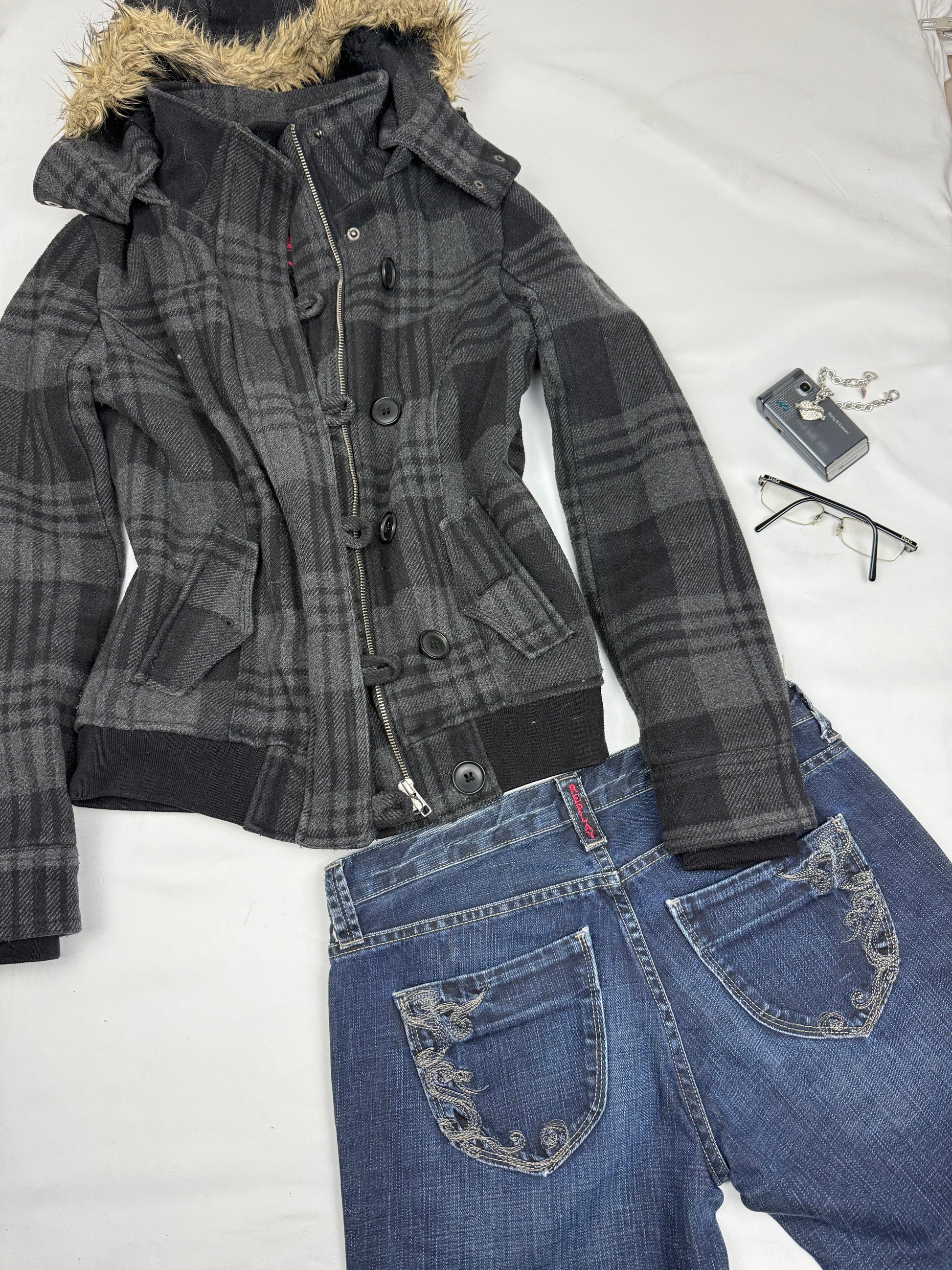 Grey check print inside fur zip up winter hooded biker jacket (S/M)
