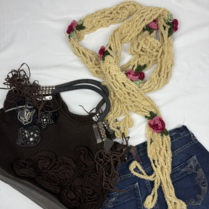 Beige crochet floral winter scarf