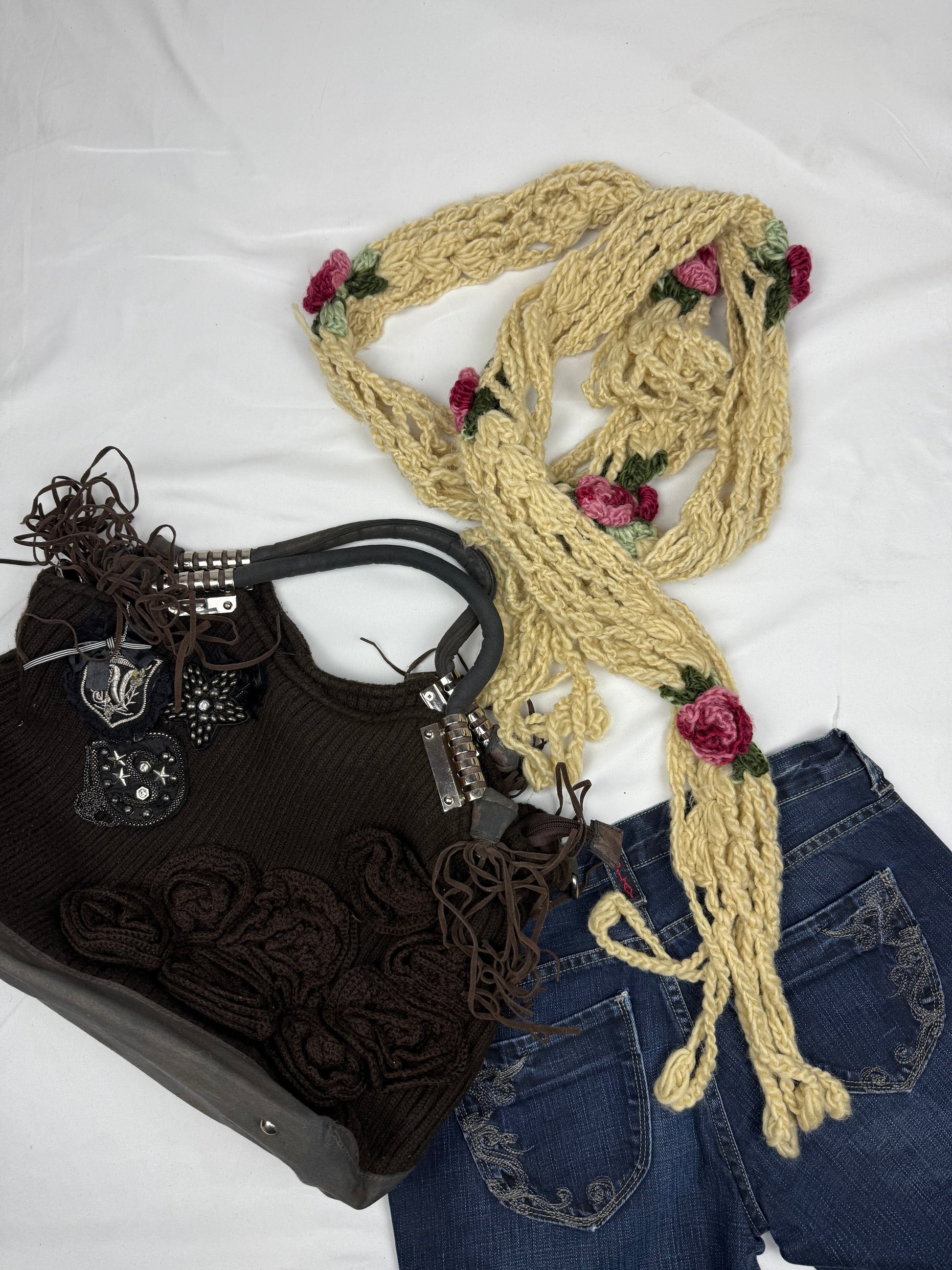 Beige crochet floral winter scarf