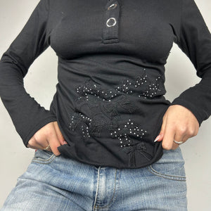Black polo lace bow long sleeves top (S/M)