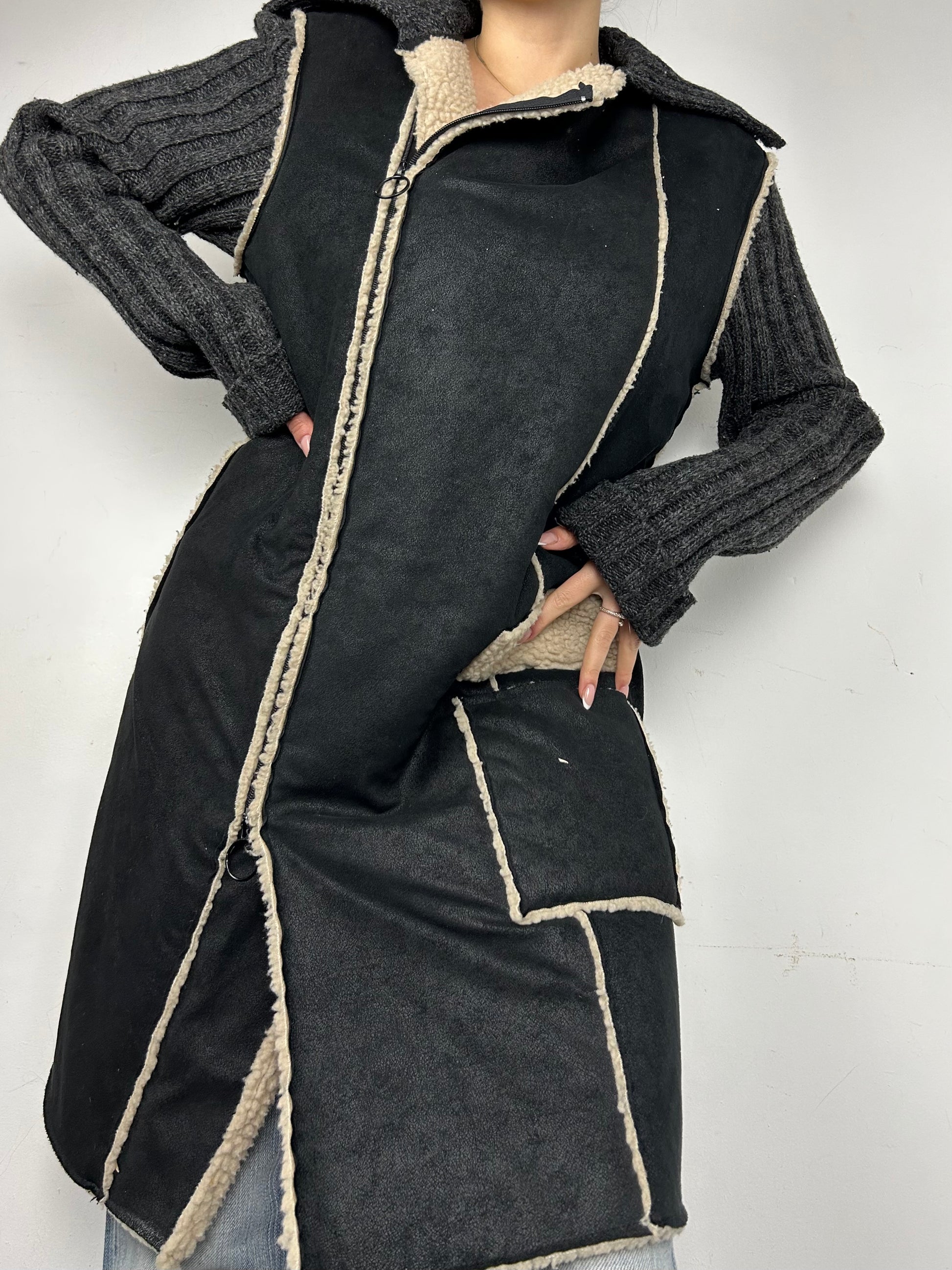 Grey ribbed trench jumper coat (S/M)